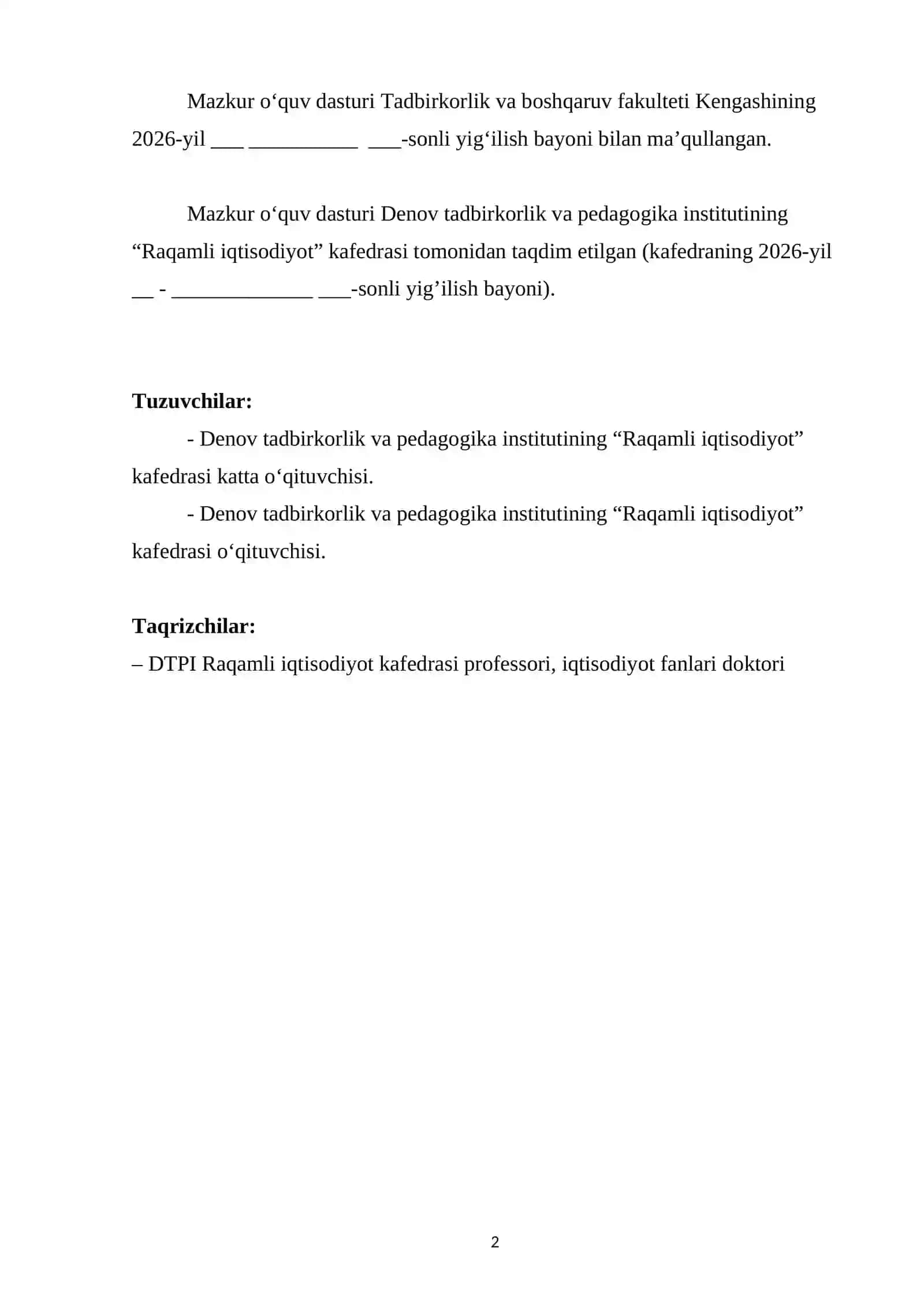 O‘quv dasturi "MENEJMENT 1, 2" 2