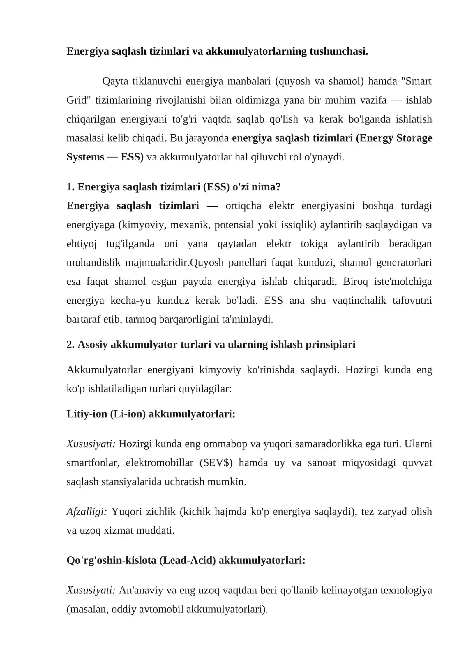 Energiya saqlash tizimlari (akkumulyatorlar) 2
