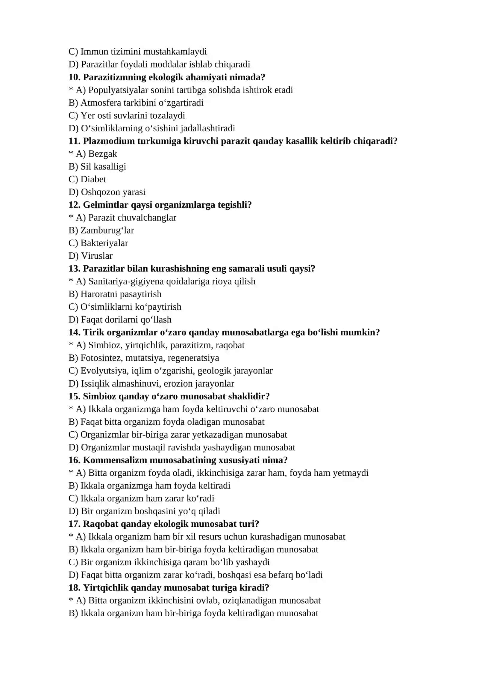 3-kurs Biologiya yo’nalishi talablari uchun “Parazitologiya” fanidan yakuniy nazorat test savollari javoblari bilan birga 2