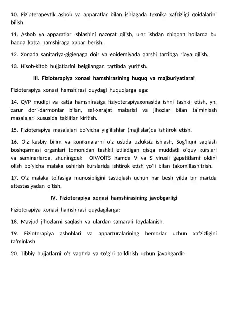 QVP  fizioterapiya  xonasi  hamshirasi  to’g’risida  Nizom 2