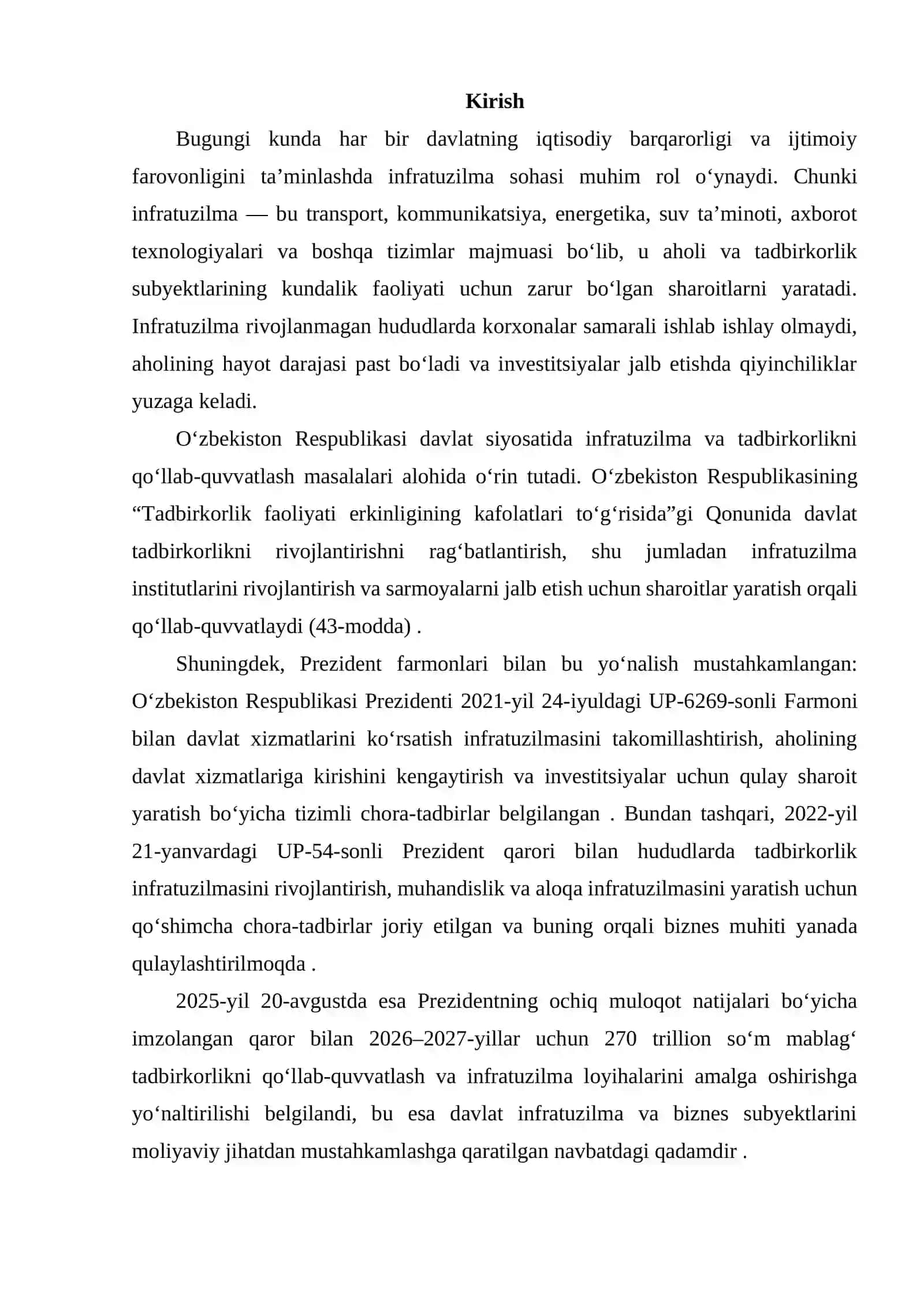 Infratuzilma sohasida faoliyat yuritayotgan aholi va tadbirkorlik subyektlarini davlat tomonidan qo‘llab-quvvatlash 2