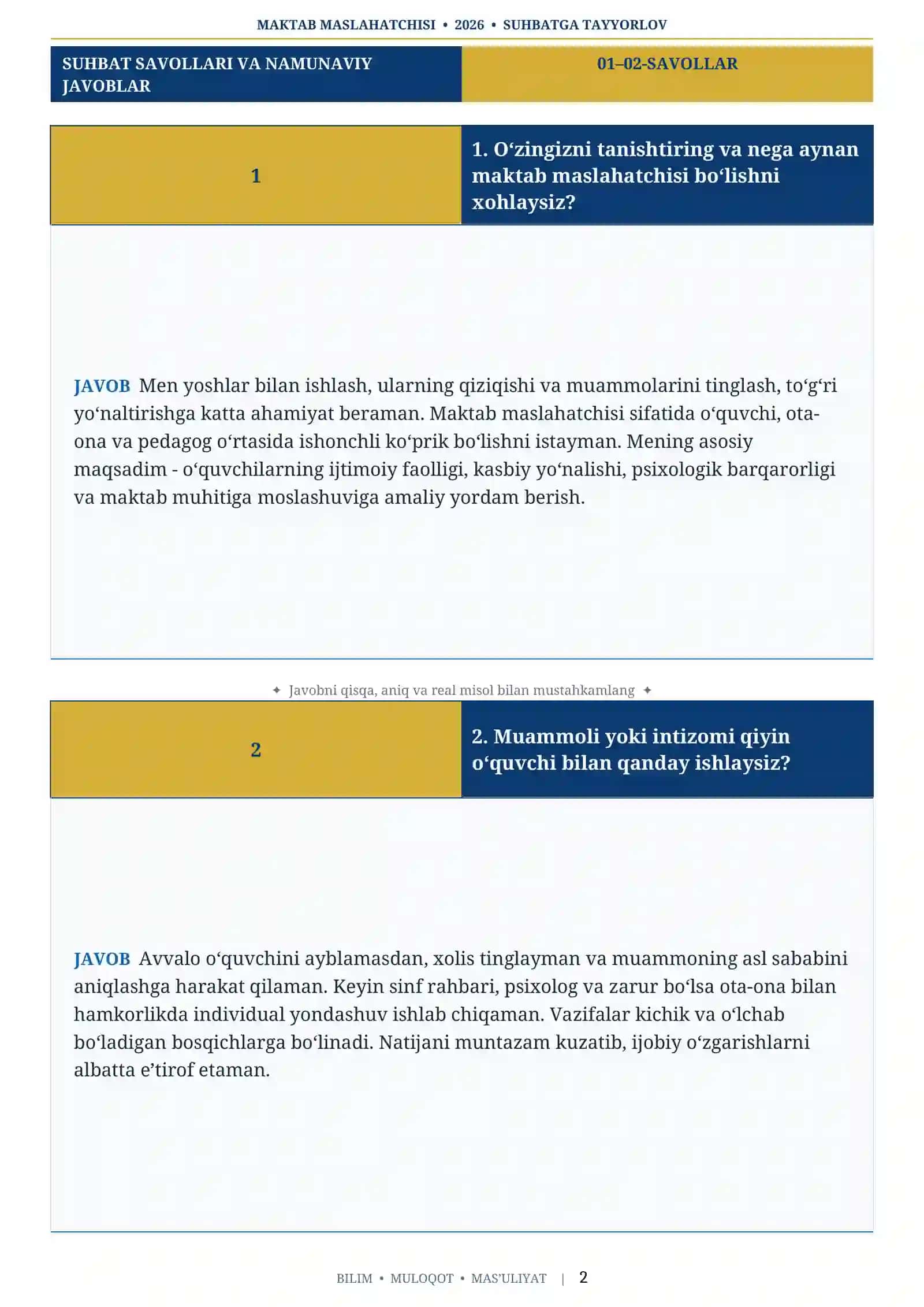 2026 Maktab Maslahatchisi Suhbat Savollari va Javoblari 🎓 | 60 ta Tayyor Savol-Javob 2