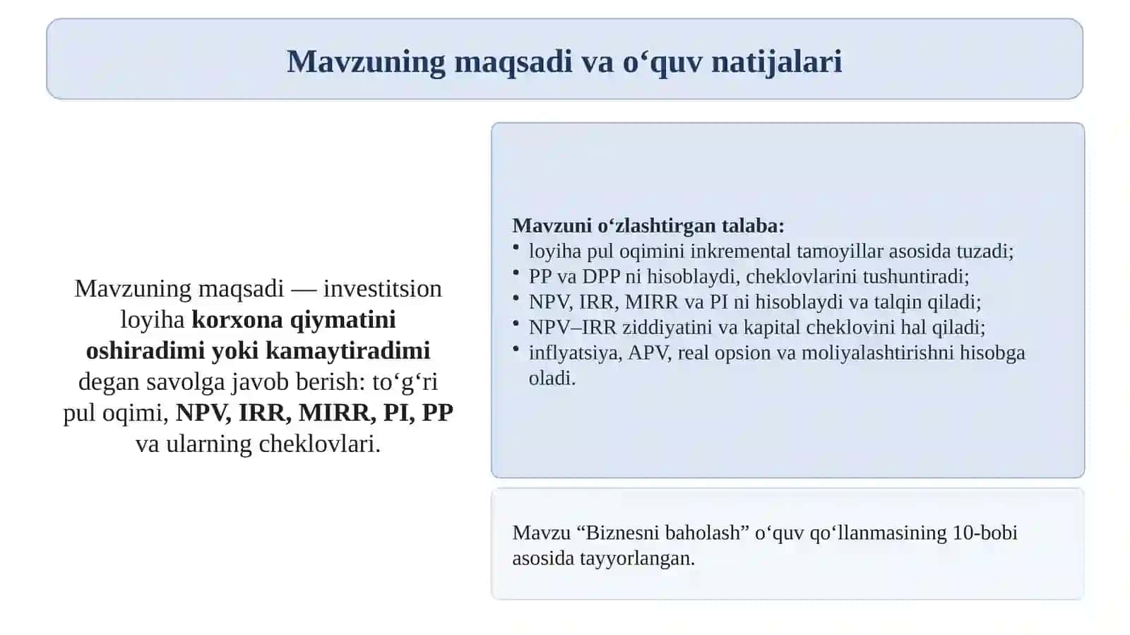 10-Mavzu: Investitsion loyihalarni baholash 2