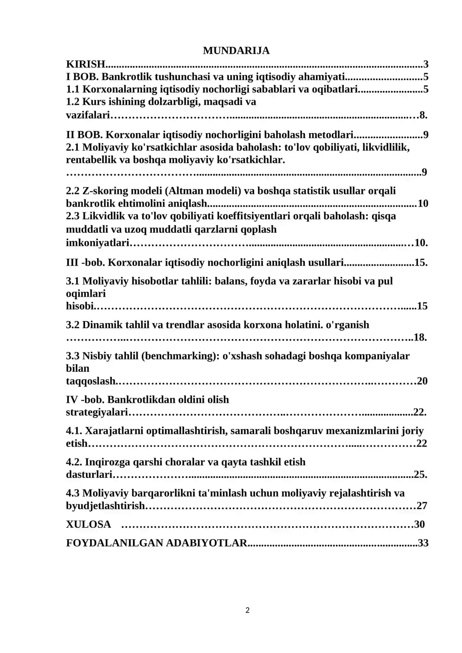 Korxonalar iqtisodiy nochorligi (bankrotligi)ni baholash va tahlil qilish 2