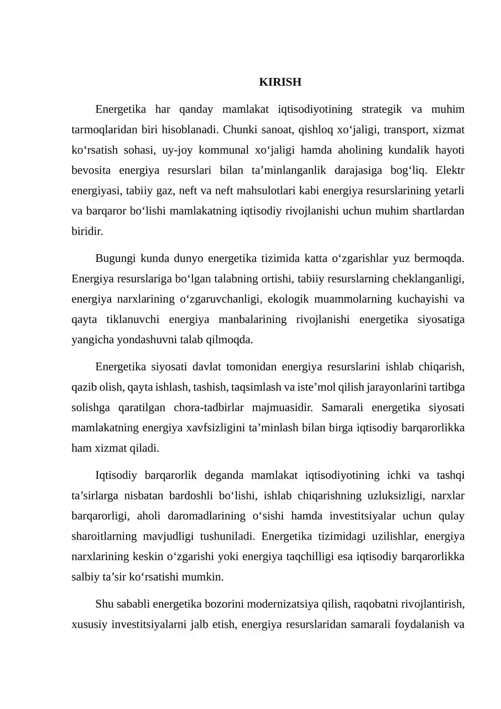 ENERGETIKA SIYOSATI VA IQTISODIY BARQARORLIK. ENERGETIKA BOZORIDAGI ISLOHOTLARNI O'RGANISH 2