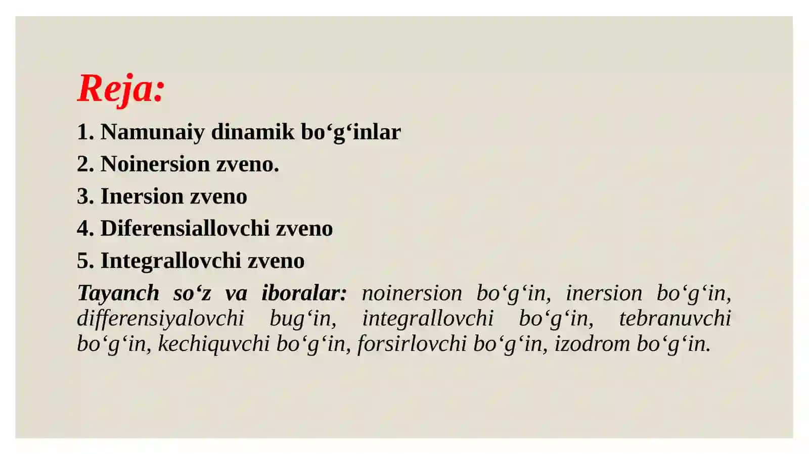 Elementar zvenolar va ularning xarakteristikalari 2
