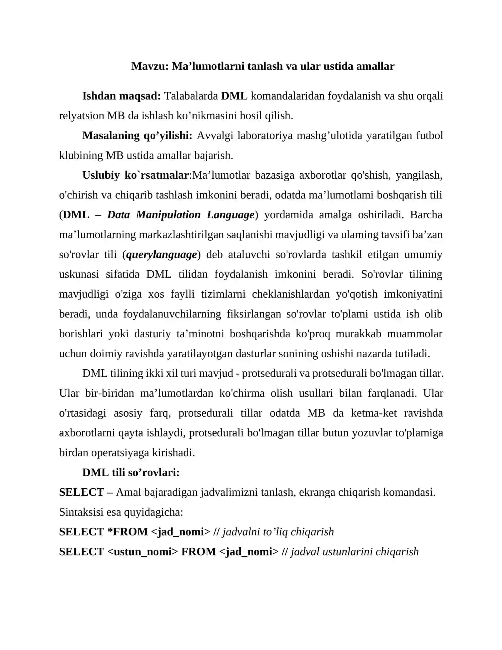 Ma’lumotlarni tanlash va ular ustida amallar. Amaliy ish 2