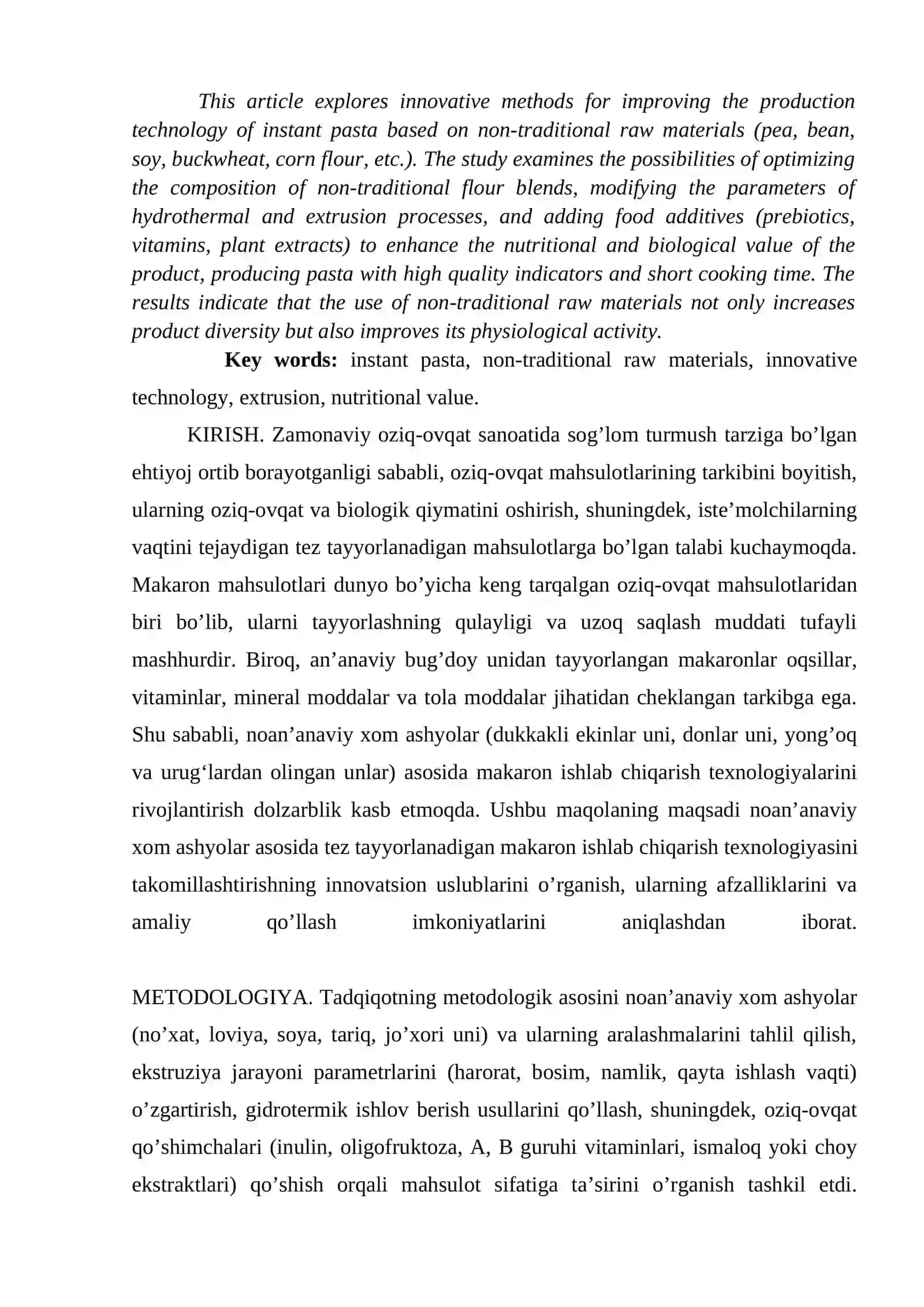 NOAN’ANAVIY XOM ASHYOLAR ASOSIDA TEZ TAYYORLANADIGAN MAKARON ISHLAB CHIQARISH TEXNOLOGIYASINI TAKOMILLASHTIRISHNING INNOVATSION USLUBLARI 2