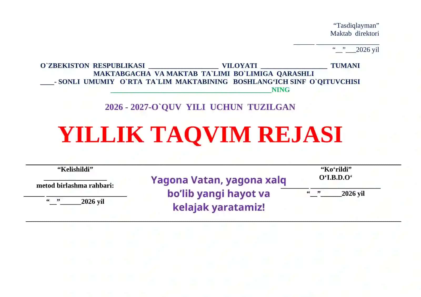 YILLIK TAQVIM REJASI 2026-2027 O`quv yili 2