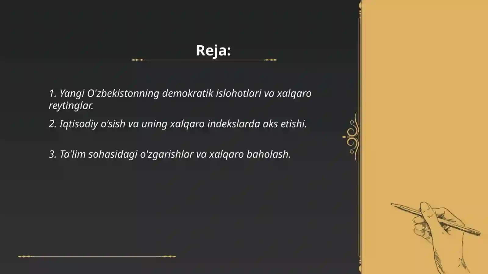 Yangi O'zbekiston ijtimoiy-siyosiy, iqtisodiy va madaniy hayotida ro'y berayotgan o'zgarishlarning xalqaro reyting va indekslarda aks etishi 2