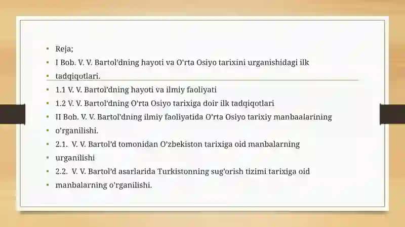 V. V.Bartol’dning O’rta Osiyo tarixini urganishi 2