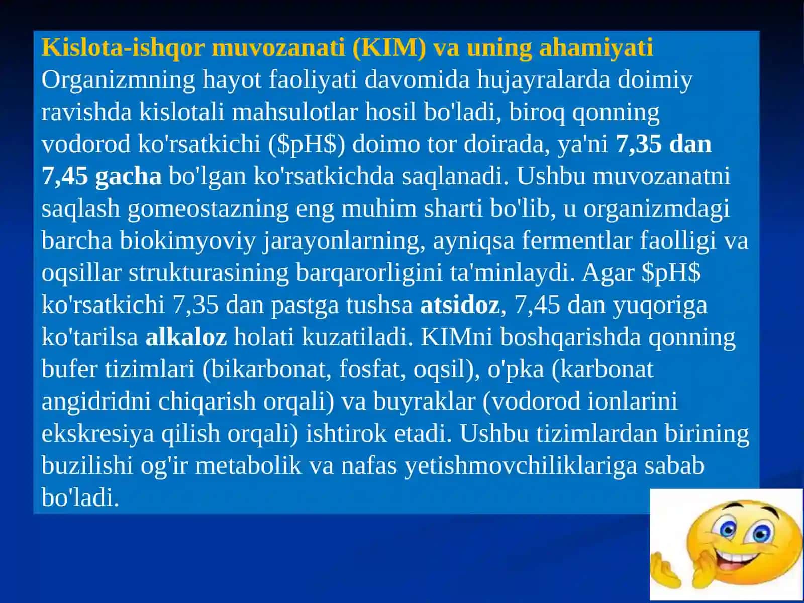 NAFAS VA METABOLIK ATSIDOZ VA ALKALOZLARNING KELIB CHIQISHI BIOKIMYOVIY TASHXISI taqdimot 2
