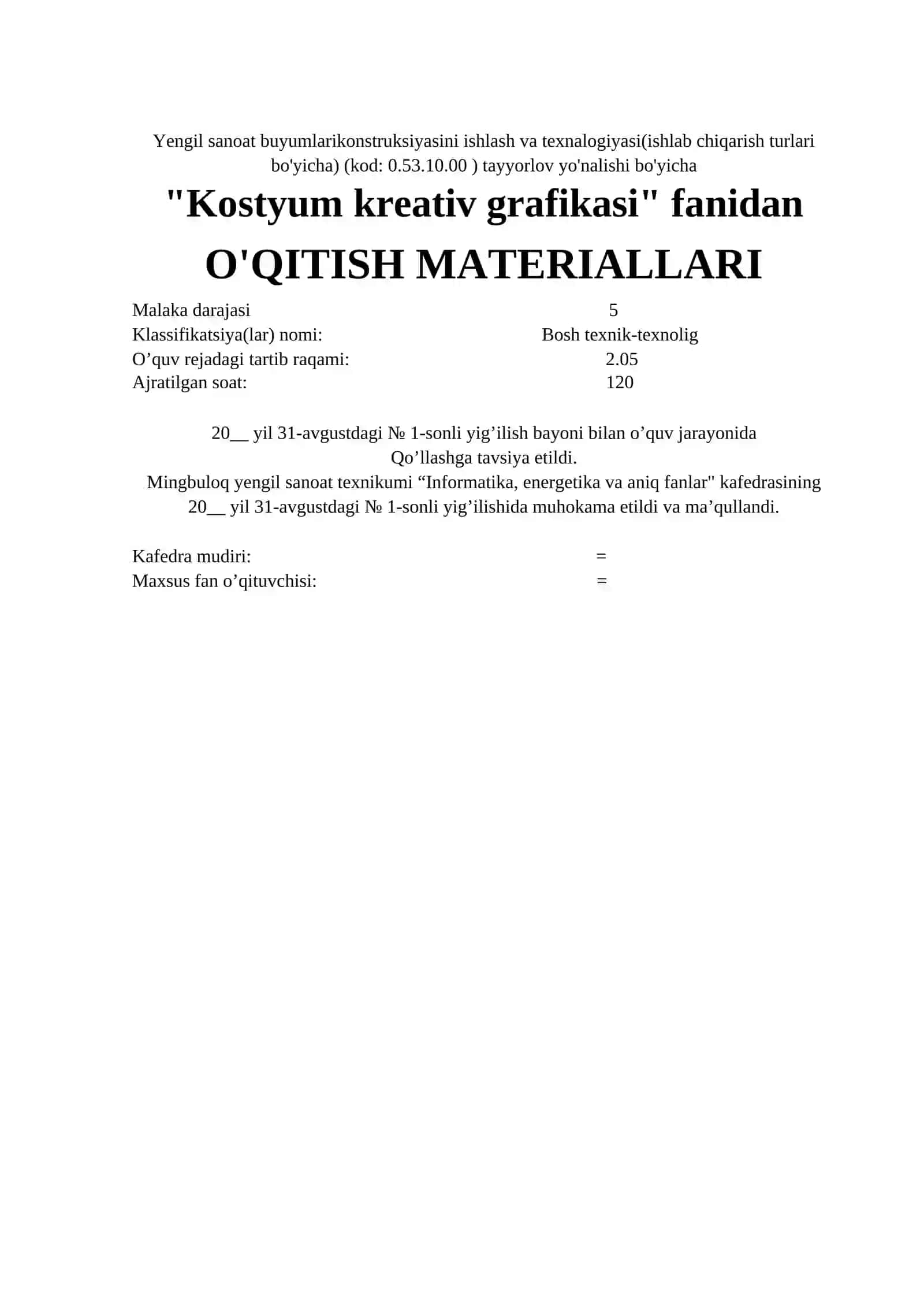 "Kostyum kreativ grafikasi" fanidan O'QITISH MATERIALLARI 2