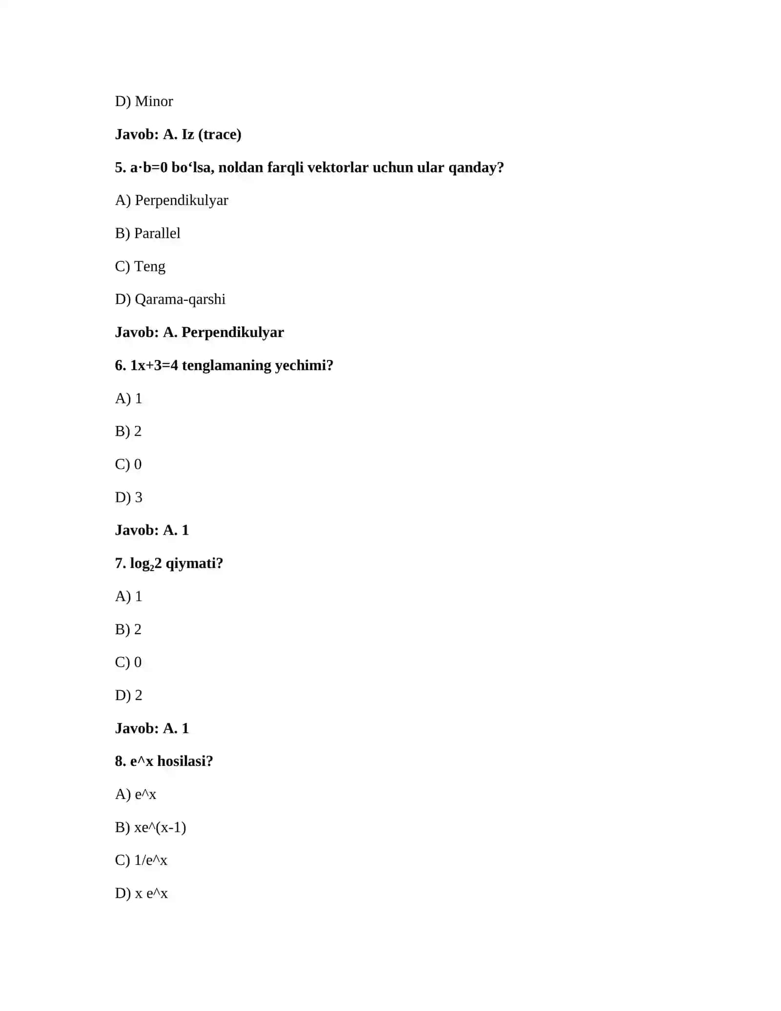 Oliy matematika testlar va javobi 2