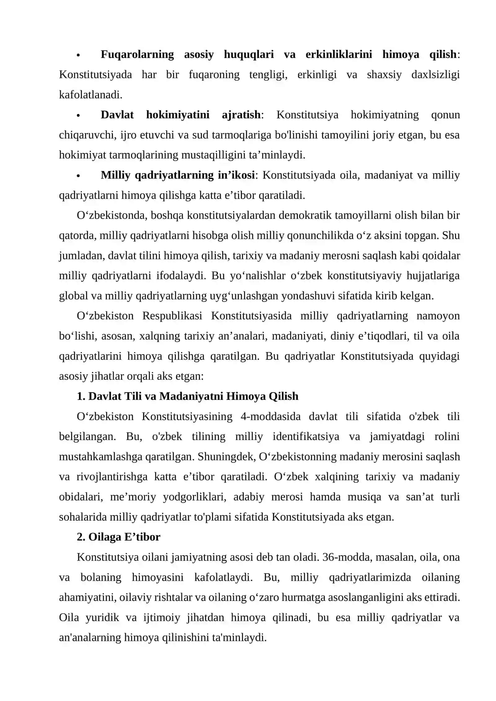 Konstitutsiyada jahon konstitutsiyaviy rivojlanish tajribalalari hamda milliy qadriyatlarning aks etishi. O'zbekiston Respublikasi Konstitutsiyasining tuzilishi va o'ziga xos xususiyatlari 2