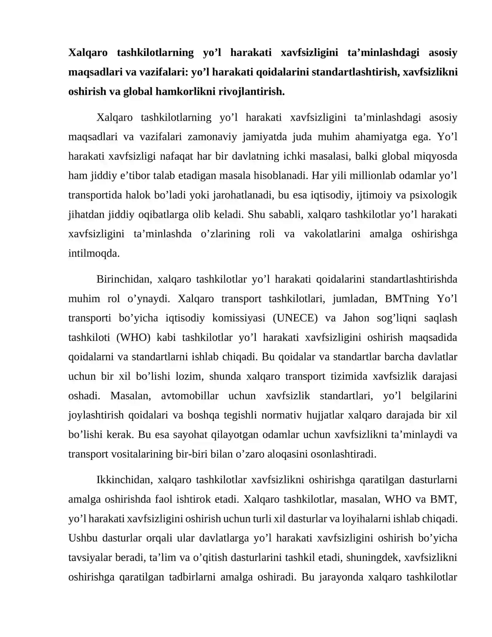 Xalqaro tashkilotlarning yo’l harakati xavfsizligini tartiga solishdagi roli va vakolatlari 2