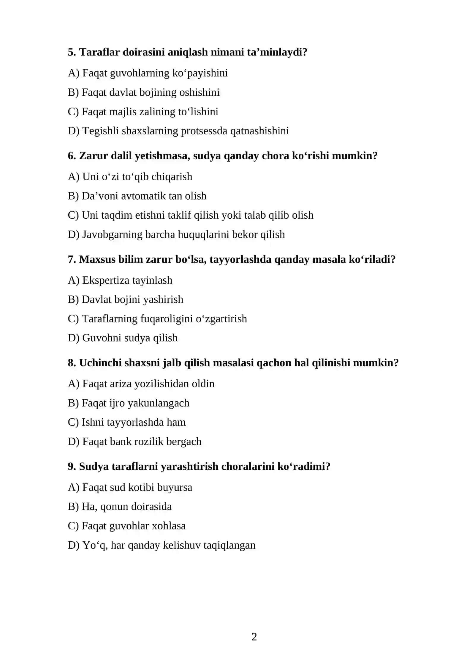 Iqtisodiy ishini sudda ko‘rishga tayyorlash TEST 2