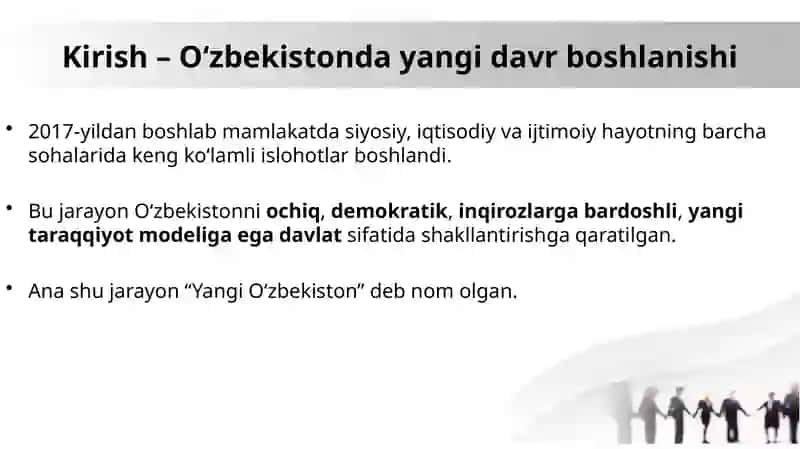 “Yangi O‘zbekiston” tushunchasi, Taraqqiyot strategiyasining mazmuni va O‘zbekiston – xalqchil, ijtimoiy davlat g‘oyasi. 2