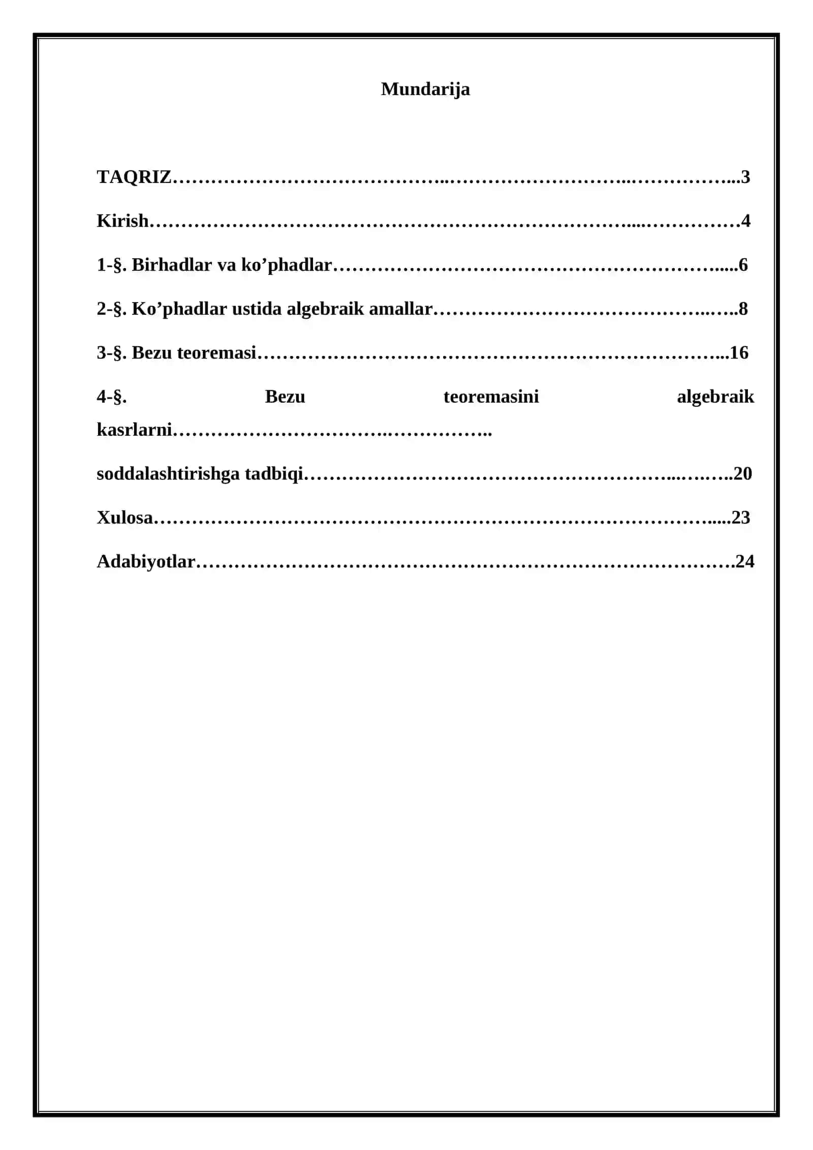 Orifjonova Marhaboning Algebra va sonlar nazariyasi fanidan tayyorlagan KURS ISHI 2