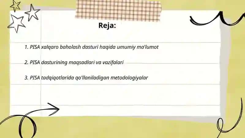 PISA xalqaro baholash dasturi haqida ma'lumot. PIRLS tadqiqotlarida o'qish va matematika savodxonlik talqini va uni tashkil qiluvchi aqliy faoliyat turlari 2