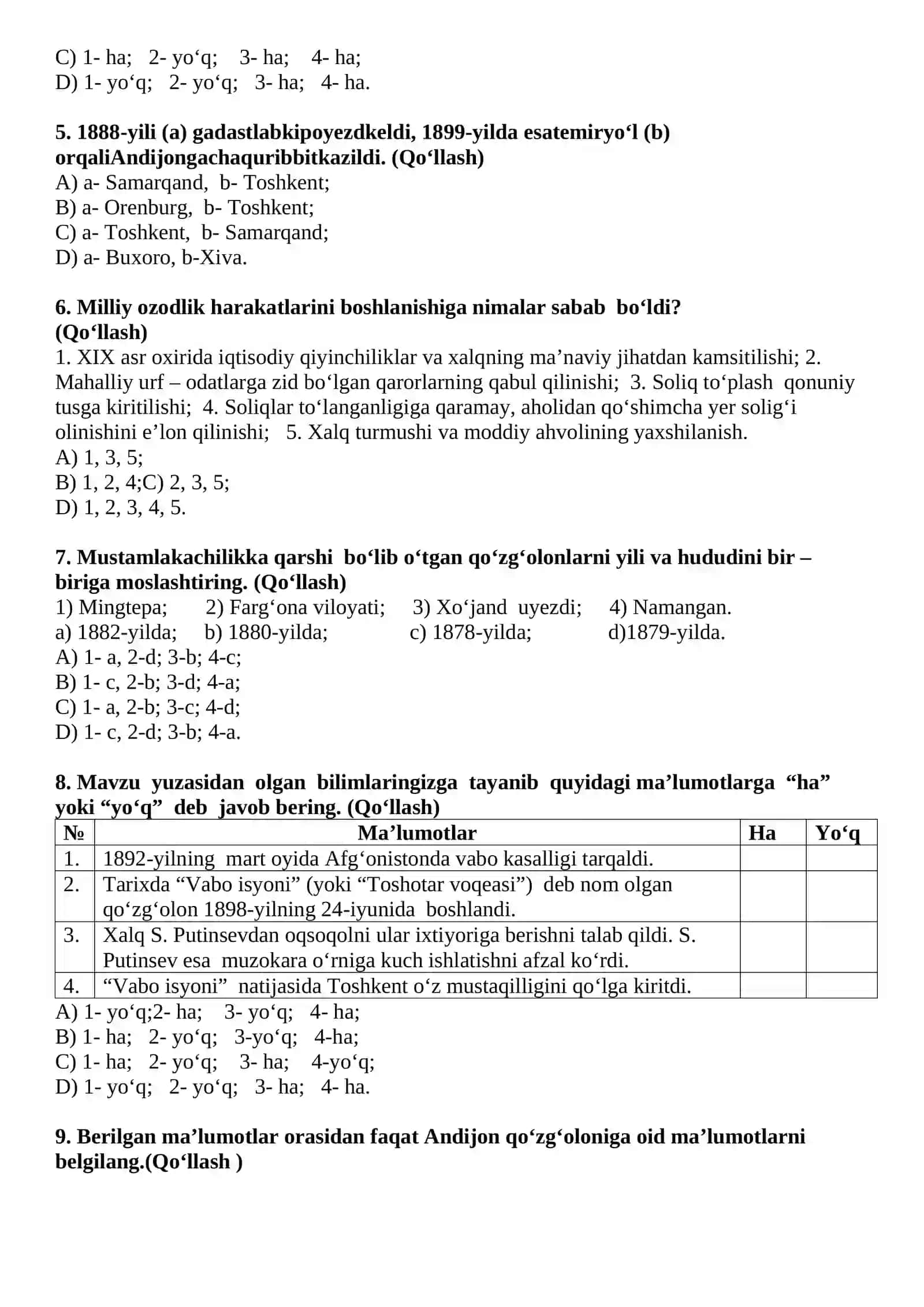 9-SINF O'ZBEKISTON TARIXI. 1-VARIANT 2