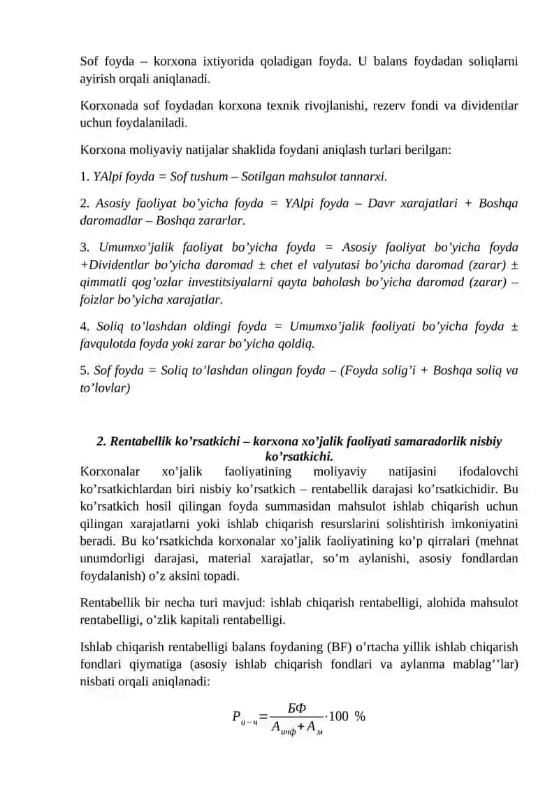 Foyda va ishlab chiqarish rentabelligi 2