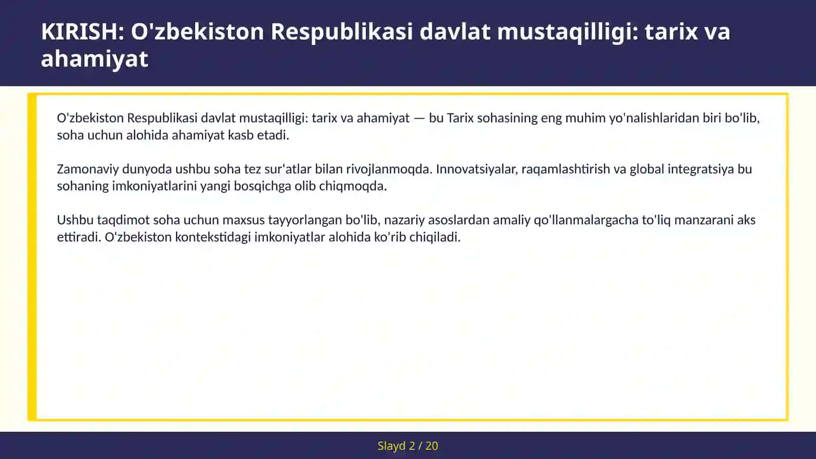 O'zbekiston RESPUBLIKASI DAVLAT MUSTAQILLIGI: TARIX VA AHAMIYAT 2