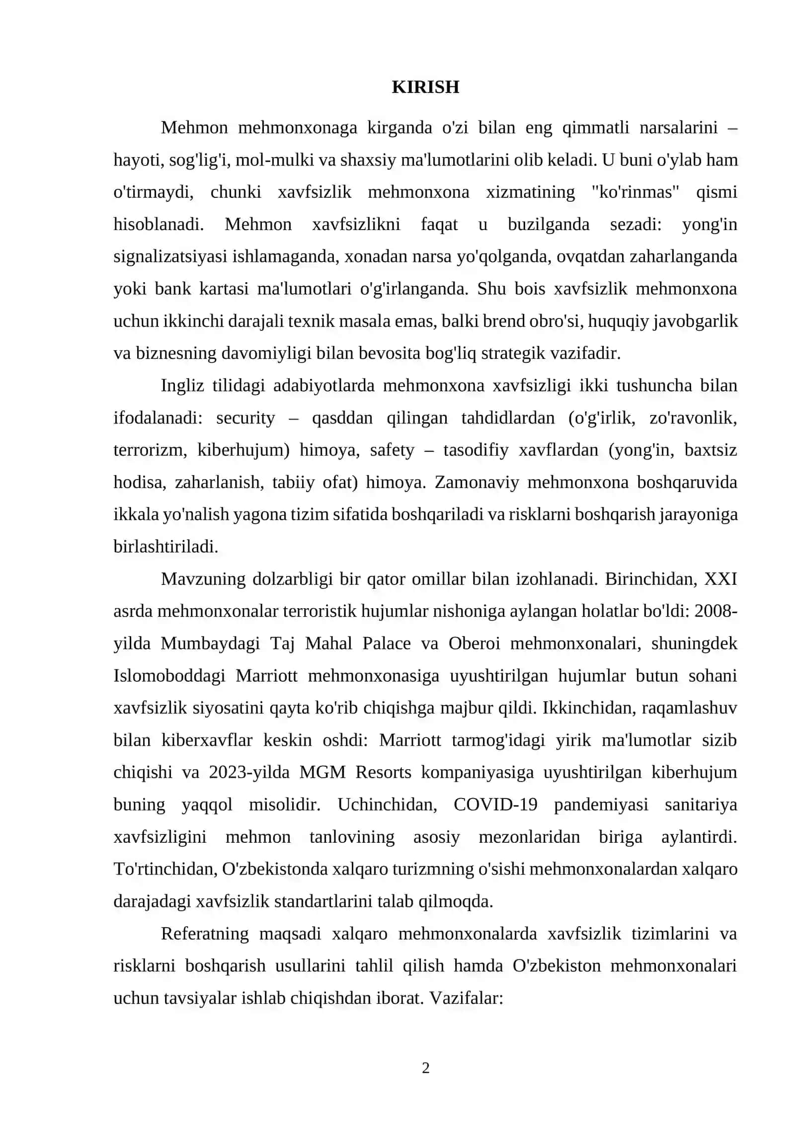 Xalqaro mehmonxonalarda xavfsizlik tizimlari (Security & Safety Management) va risklarni boshqarish 2