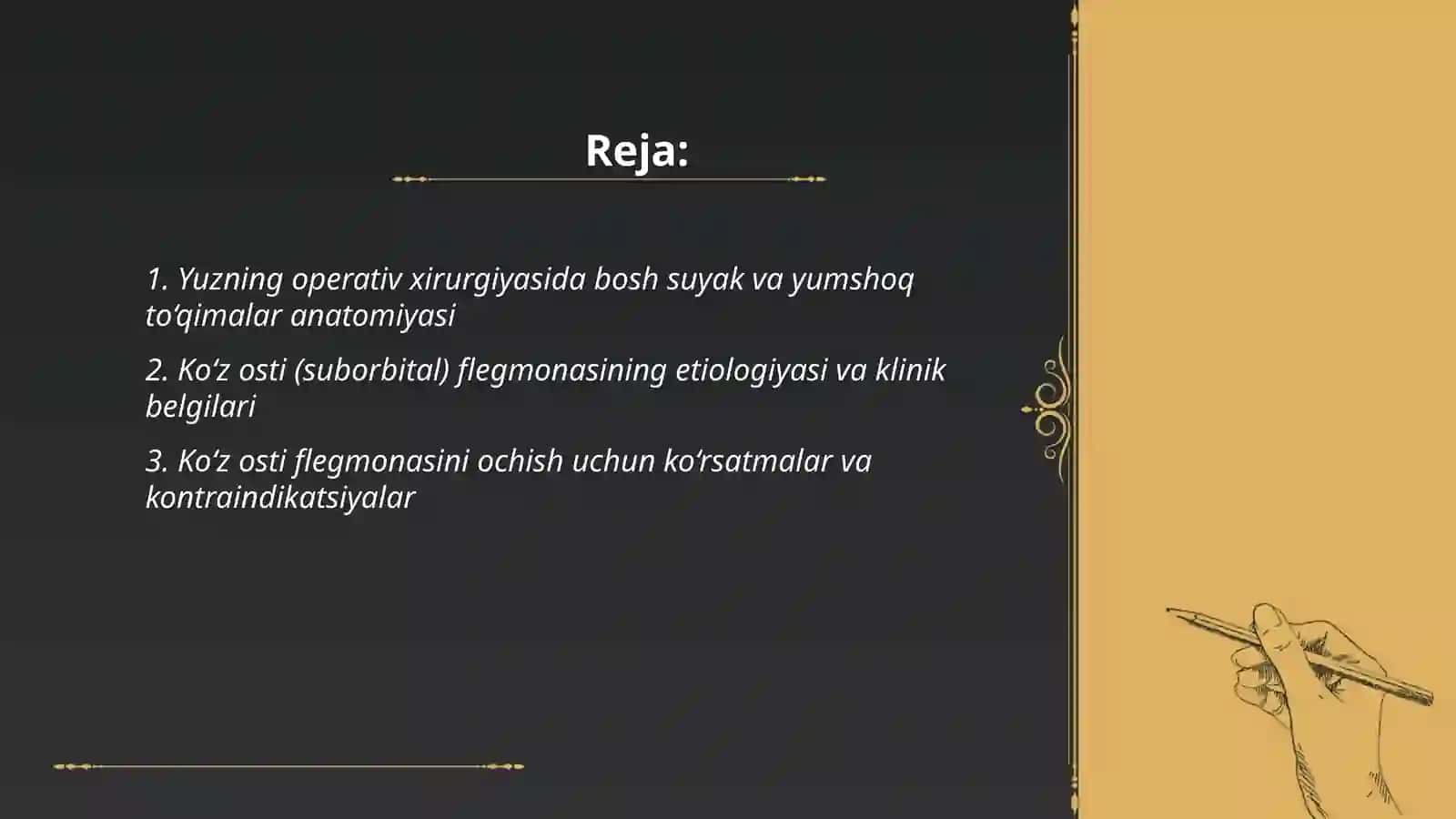 Yuzning operativ xirurgiyasi. Koz osti flegmonasini ochish va drenajlash. Yuqori jag‘ bo‘shlig‘ini punktsiya qilish va ochish. Tishlar kasalliklarida bajariladigan operatsiyalar texnikasi 2