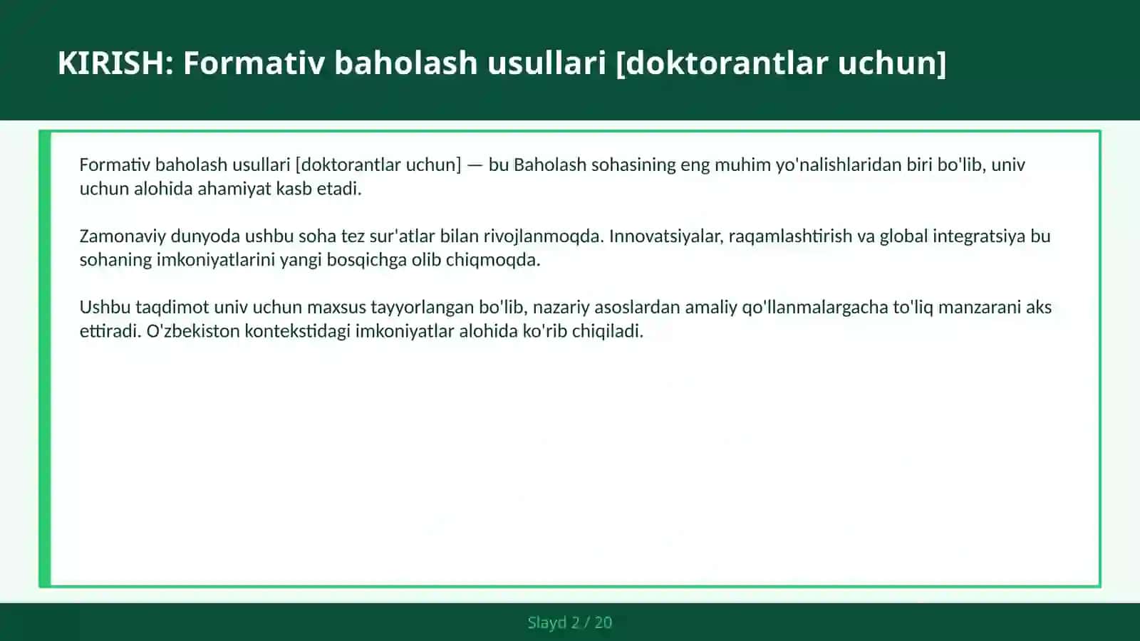 Formativ baholash usullari [doktorantlar uchun] 2