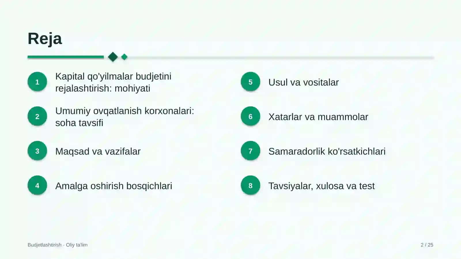 umumiy ovqatlanish korxonalarida kapital qo'yilmalar budjetini rejalashtirish 9838 2
