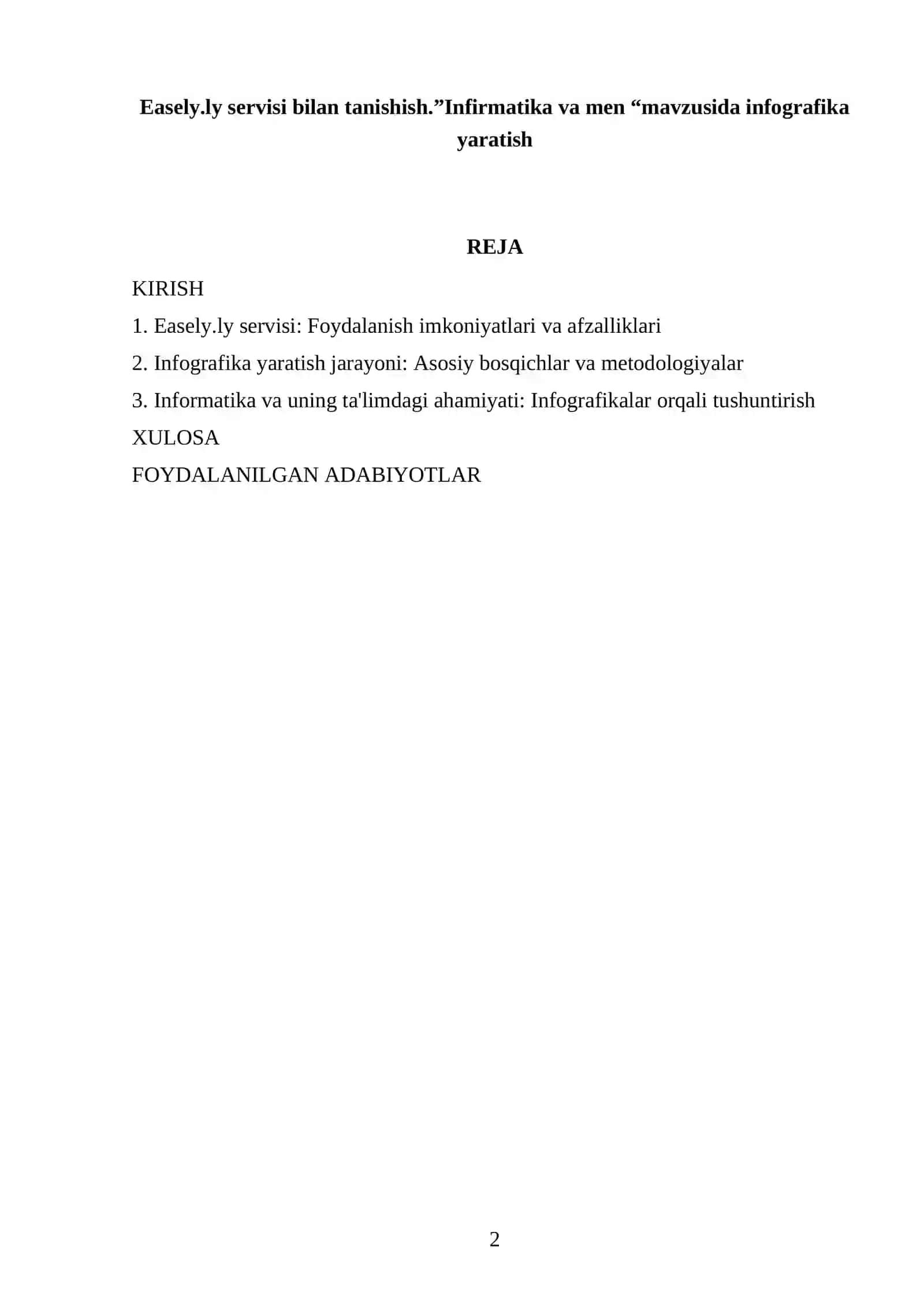 Easely.ly servisi bilan tanishish.”Infirmatika va men 2