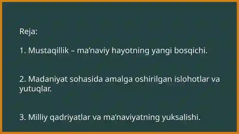 Mustaqillik yillarida Ozbekistondagi manaviyat va madaniyat taraqqiyoti 2