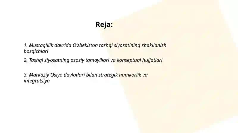 Ôzbekiston Respublikasi tashqi siyosiy faoliyatining shakillanishi va uning ustuvor yônalishlari 2