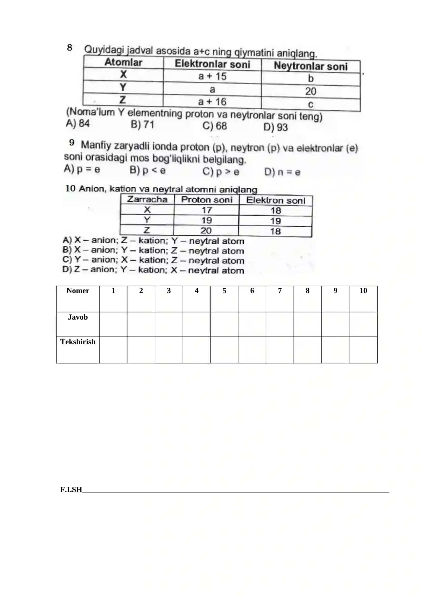 Atom Tuzilishiga oid masalalar 2