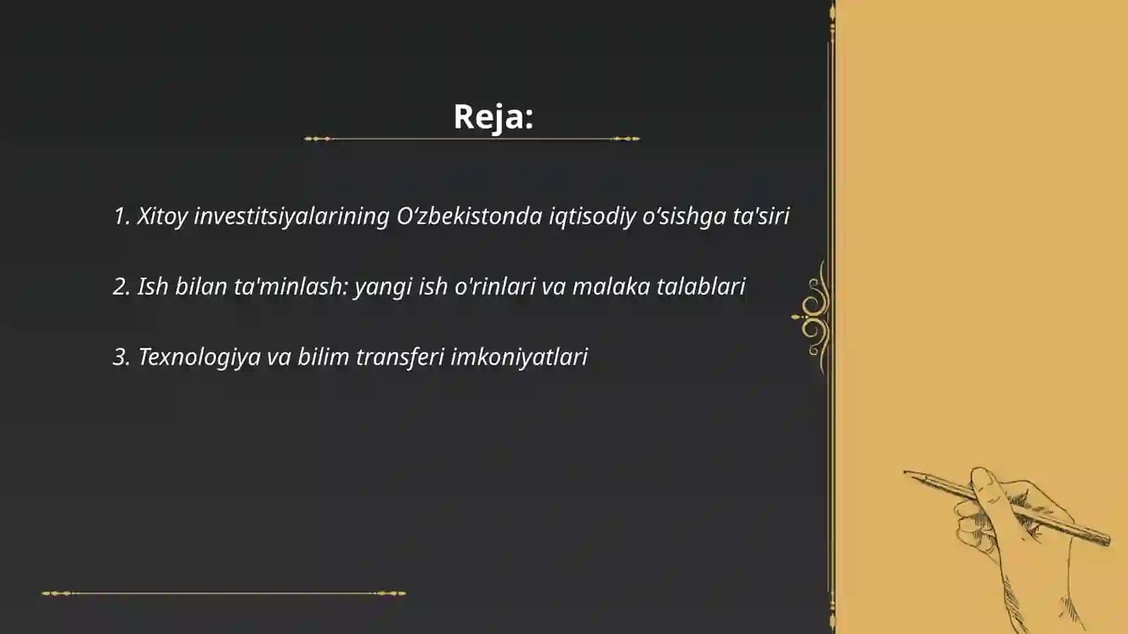 Xitoy xalq respublikasini Oʻzbekistonnga invistitsiya kiritilishi foyda va zararlari 2