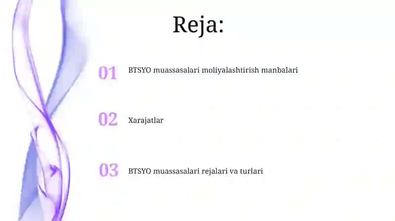 BTSYO muassasalari rejalari va turlari 2