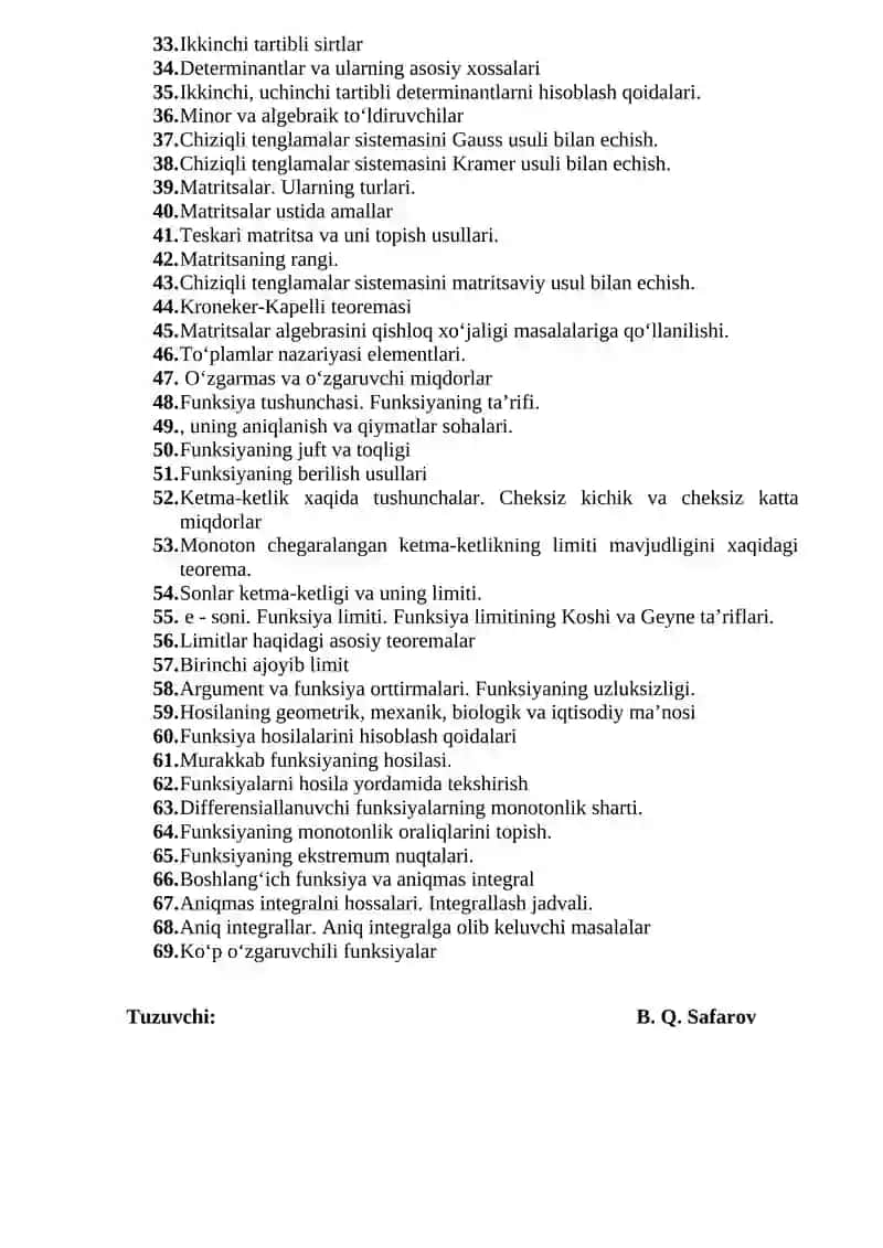 Oliy matematika fanidan YAKUNIY NAZORAT savollari 2