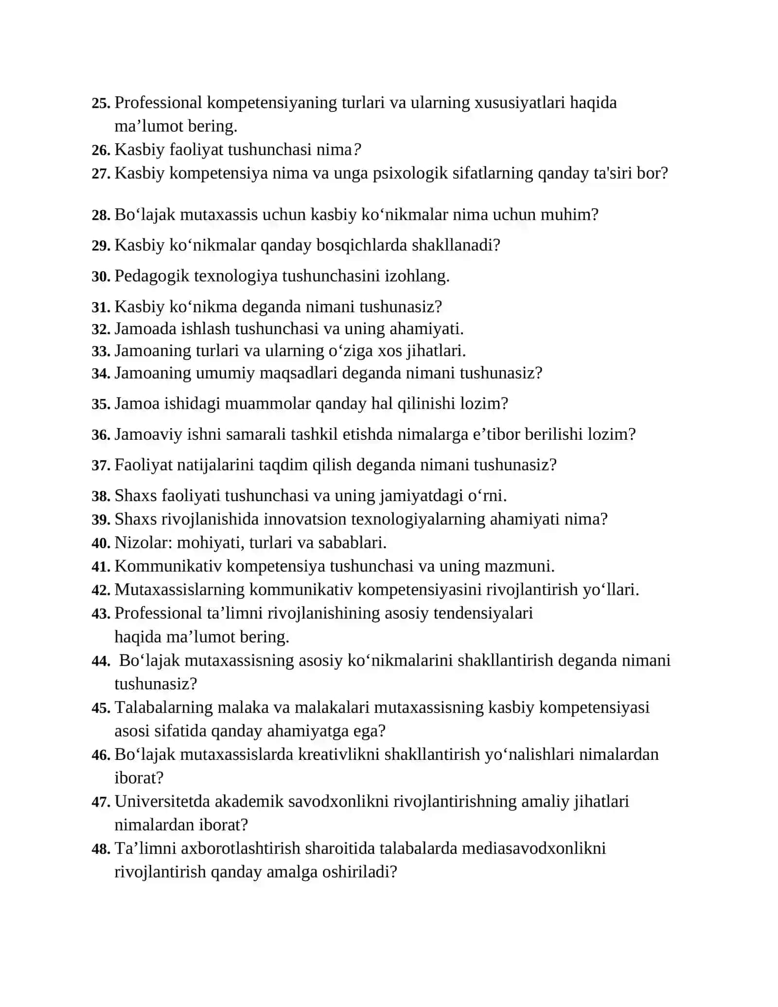Akademik ko‘nikmalar va kasbiy kompetentlik fanidan yakuniy savollar 2