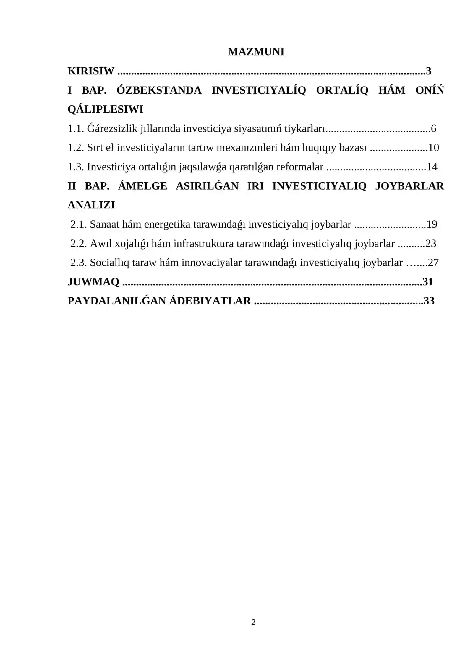 Ózbekstan ǵárezsizlik jıllarında ámelge asırılǵan investiciyalıq joybarlar 2