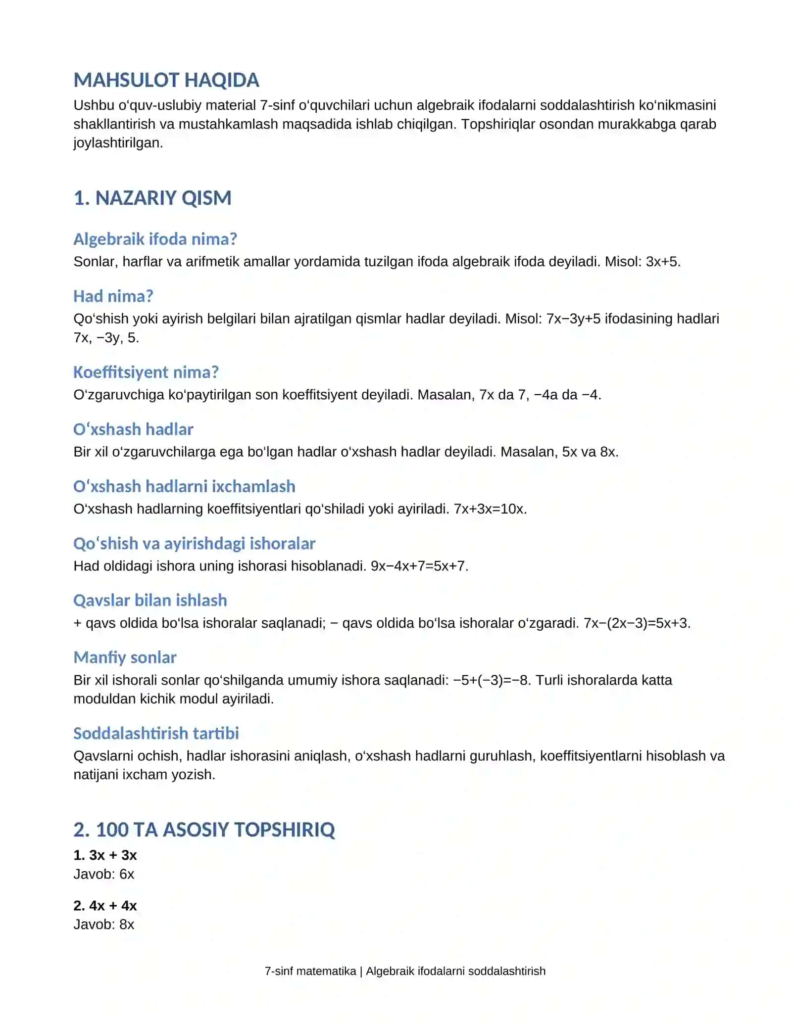 7-sinf matematika — 100 ta algebraik ifodani soddalashtirish 2