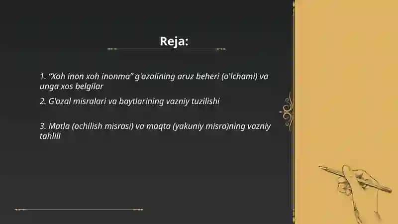 Xoh inon xoh inonma g'azalni vazniy tahlili 2
