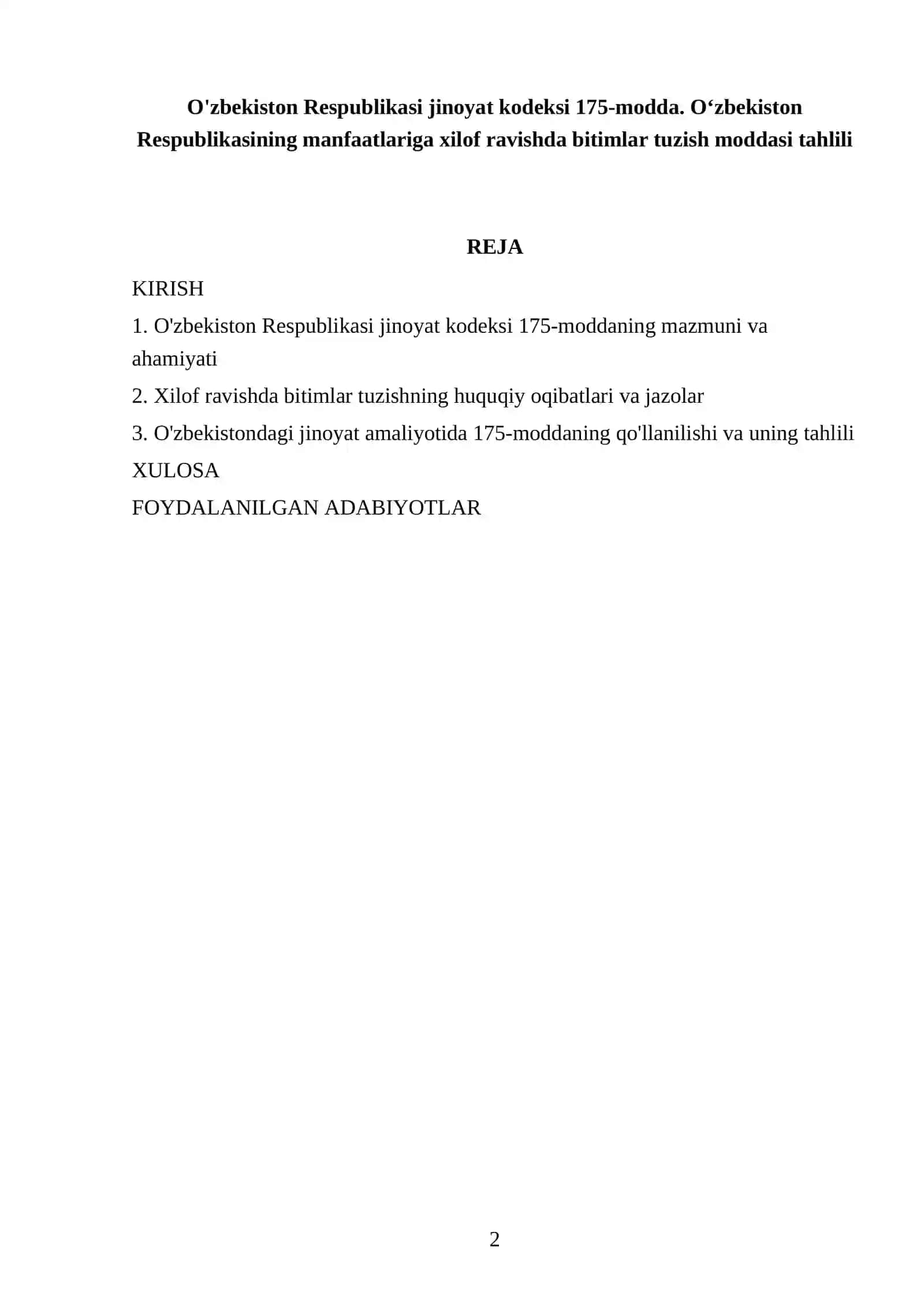O'zbekiston Respublikasi jinoyat kodeksi 175-modda. O'zbekiston Respublikasining manfaatlariga xilof ravishda bitimlar tuzish moddasi tahlili 2