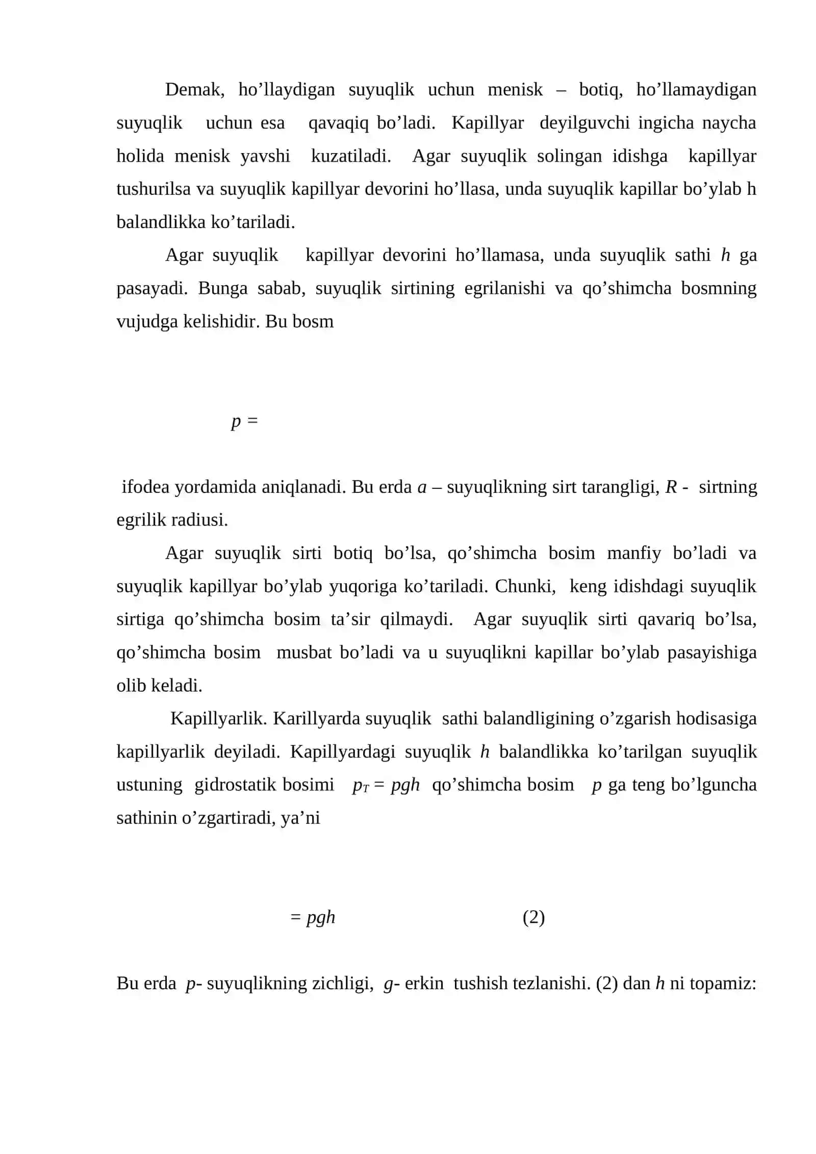 Ho’llash. Egri sirt ostidagi bosim kapillyarlik 2