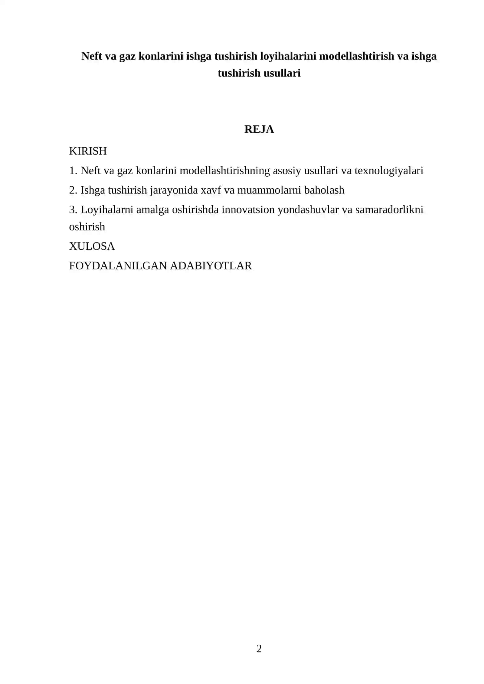 Neft va gaz konlarini ishga tushirish loyihalarini modellashtirish va ishga tushirish usullari 2