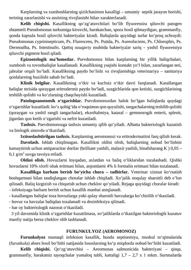 Baliqlarning qizamiq, psevdomonoz va furunkulyoz kasalliklarining diagnostikasi 2