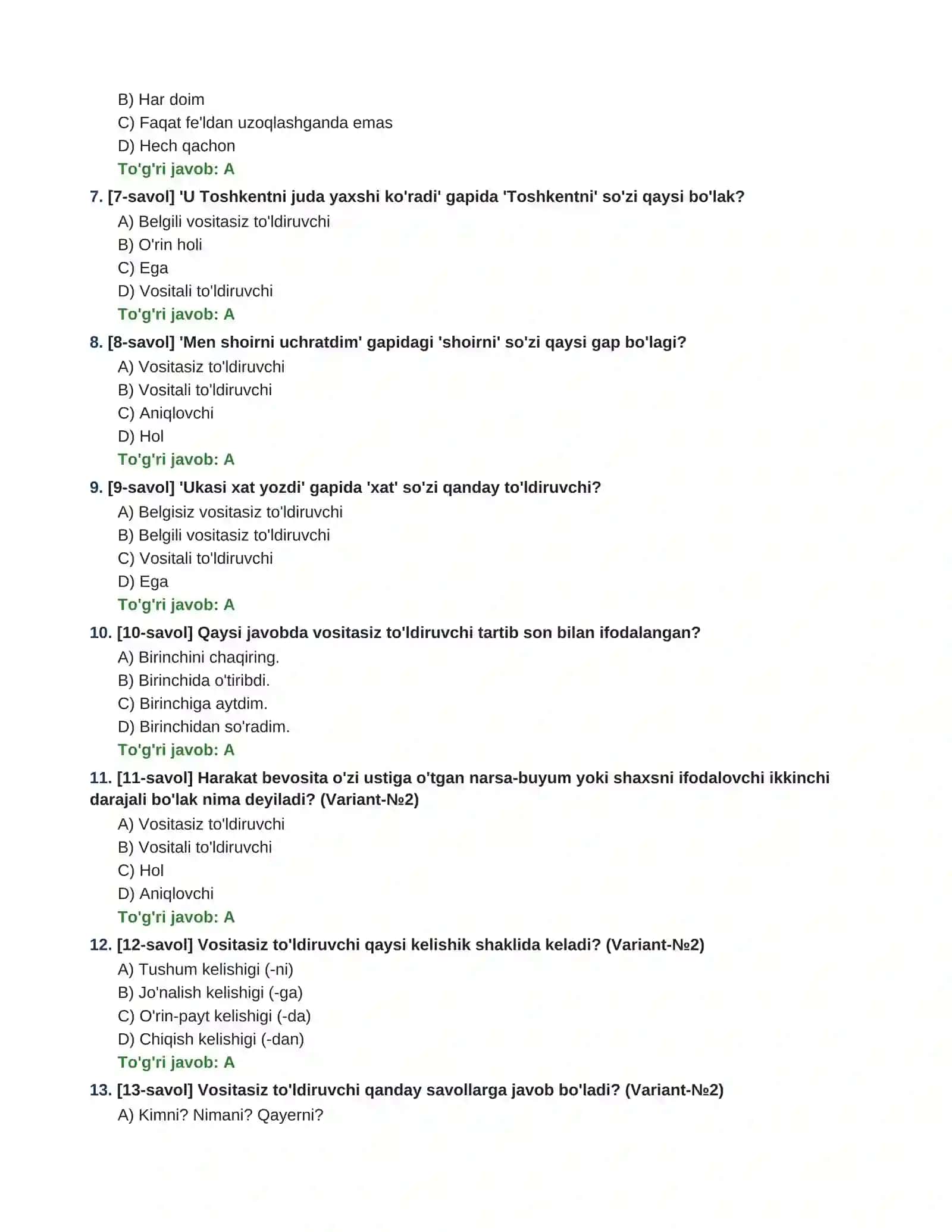 GAPNING IKKINCHI DARAJALI BO'LAKLARI: TO'LDIRUVCHI (VOSITASIZ  VA VOSITALI)  200 TA TEST TOPSHIRIQLARI  JAVOBLARI BILAN 2