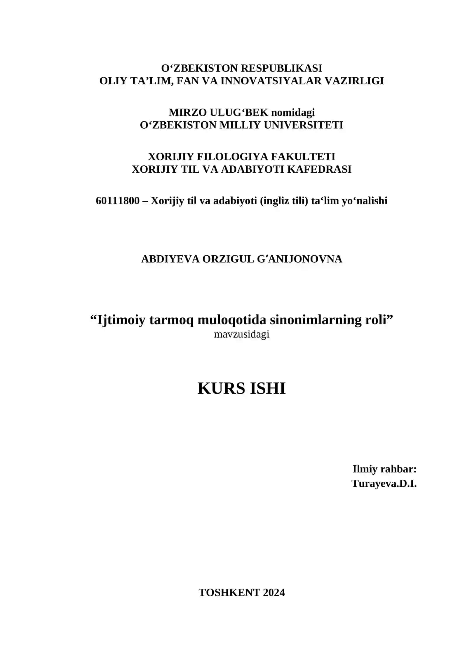 “Ijtimoiy tarmoq muloqotida sinonimlarning roli” mаvzusidаgi KURS ISHI 2