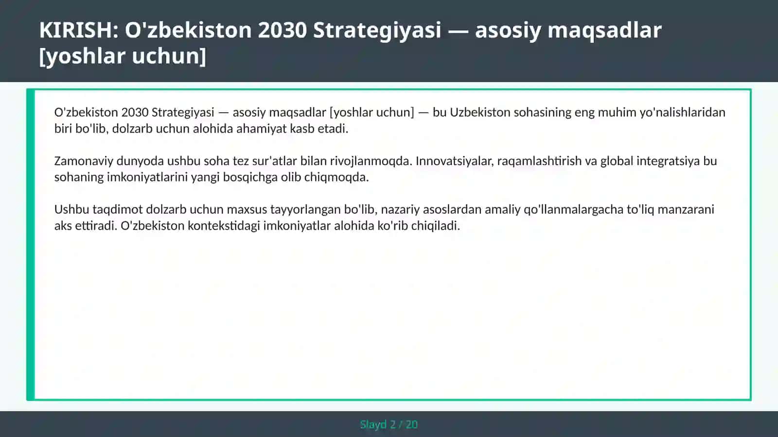 O'zbekiston 2030 Strategiyasi — asosiy maqsadlar [yoshlar uchun] 2