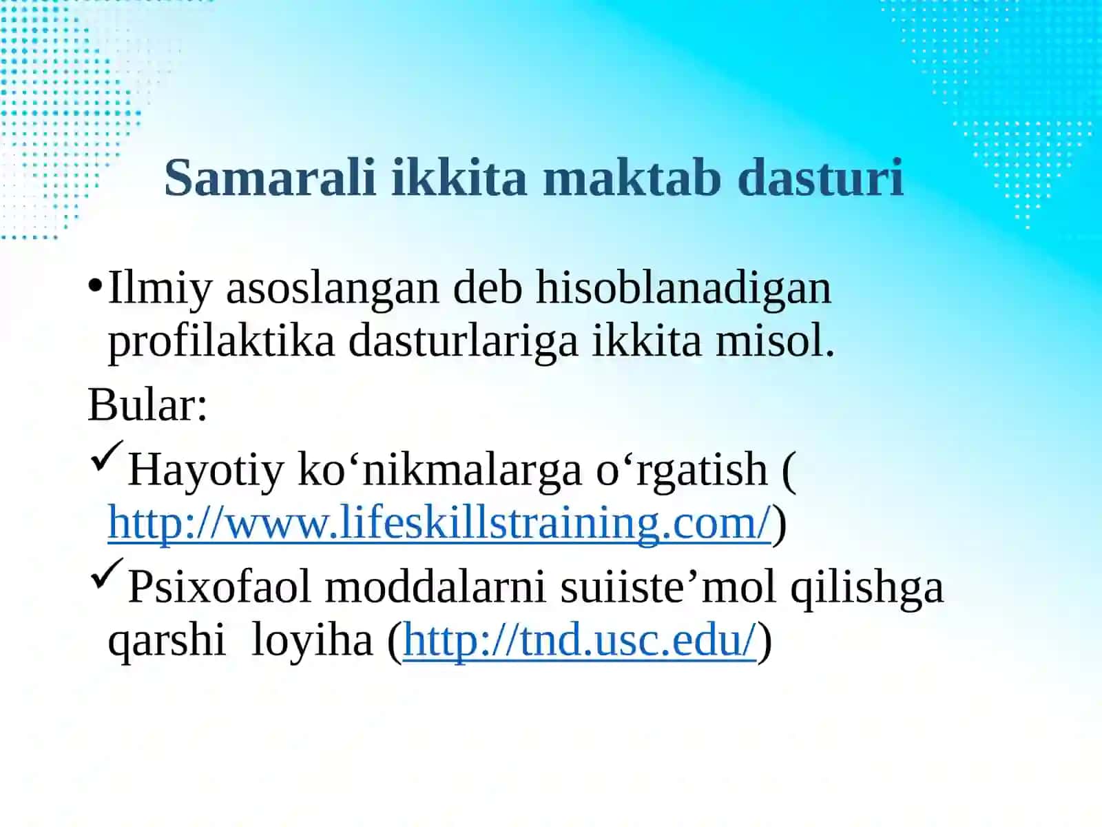 DALILLARGA ASOSLANGAN PSIXOFAOL MODDALAR PROFILAKTIKA CHORALARI VA SIYOSATI: GIYOHVAND MODDALARNIISTEʼMOLQILISHNING PROFILAKTIKABOʻYICHAUNODC XALQARO STANDARTLARI 2